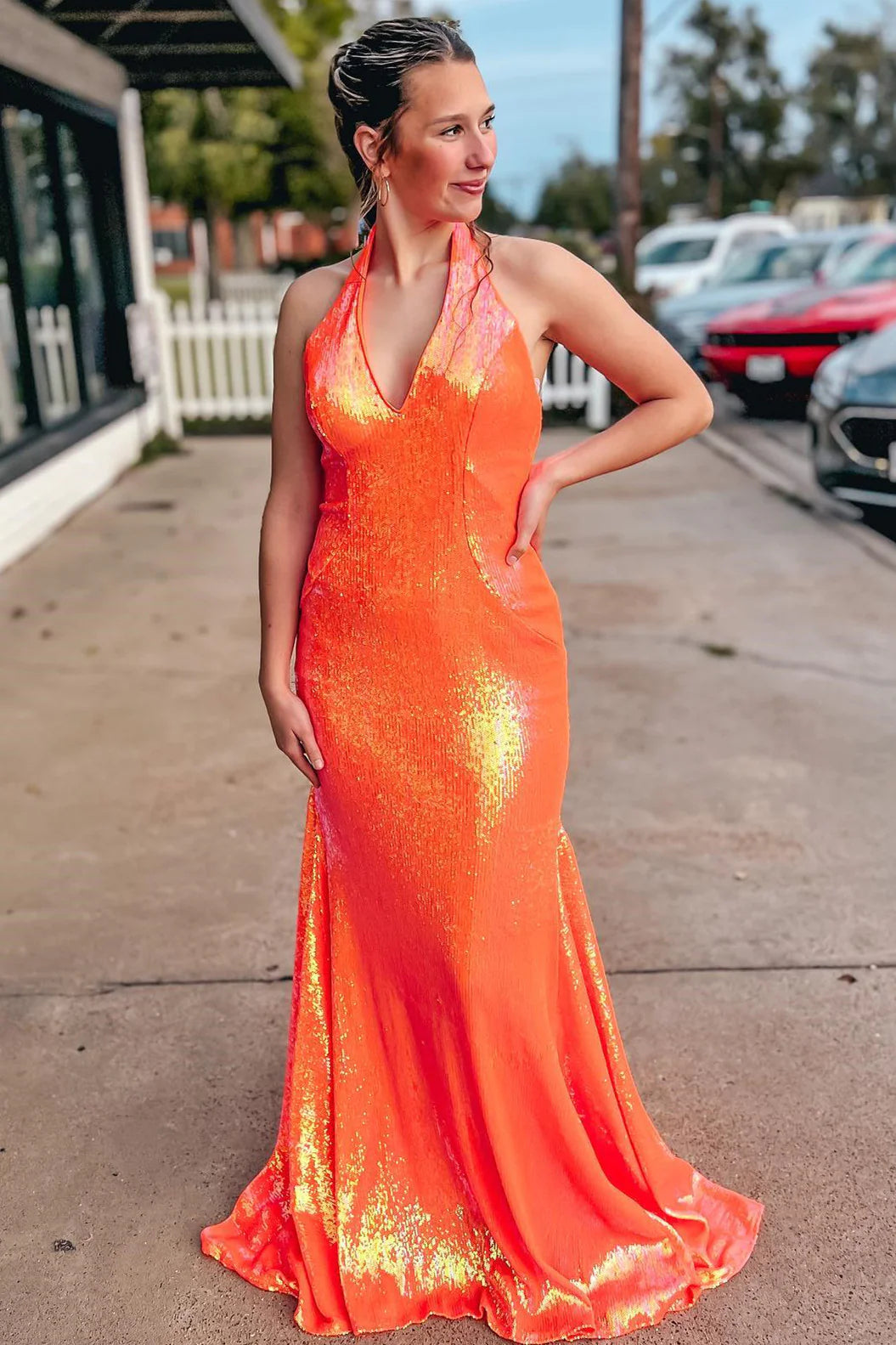 Orange Mermaid Halter Sequins Prom Dress SYP143