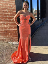 Orange Mermaid Strapless Long Prom Dress with Beads