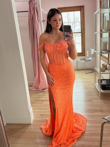 Orange Off-the-Shoulder Crystal Corset Sequin Prom Dress with Slit