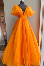 Orange Plunge V Ruffled Sleeve A-Line Long Formal Dress