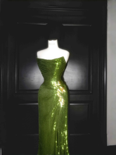Unique Strapless Green Sequin Prom Dress Long Mermaid Evening Dress Y8659