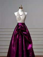 Classy Halter Purple Beaded Satin A Line Prom Dress Long Evening Dress Y8609