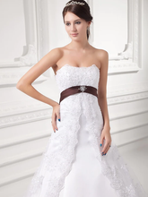 A-Line Wedding Dresses Strapless Chapel Train Lace Satin Tulle Strapless with Sashes  Ribbons Bow(s) Beading