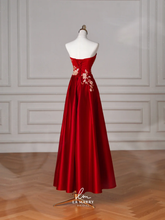Gorgeous Red Satin Sequin Embroidery A Line Prom Dress Strapless Evening Dress Y8631