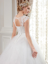Ball Gown Wedding Dresses Jewel Neck Floor Length Lace Over Tulle Cap Sleeve Romantic Illusion Detail with Beading Appliques