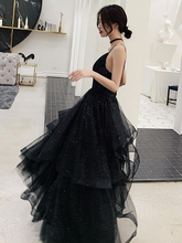 Shiny Black V Neck Prom Dresses, Backless Black V Neck Formal Evening Dress Y1767