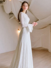 A-Line Wedding Dresses Jewel Neck  Lace Long Sleeve Romantic with Appliques