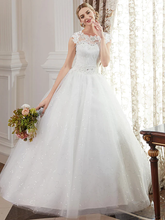 Ball Gown Wedding Dresses Jewel Neck Floor Length Lace Over Tulle Cap Sleeve Romantic Illusion Detail with Beading Appliques