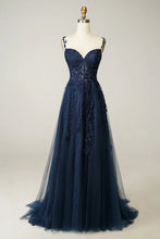Beautiful A Line Spaghetti Straps Sweetheart  Tulle Prom Dresses with Appliques & Slit GJS740