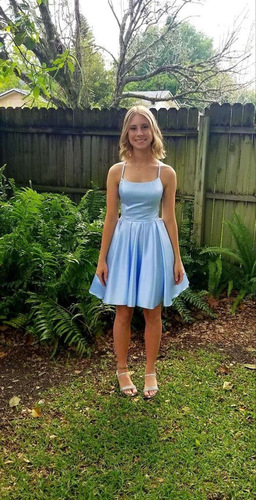 Blue A-line Satin Homecoming Dress 18th Graduation Dress Y4040