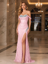 Dark Red Crystal Off-the-Shoulder Corset Prom Dress with Slit