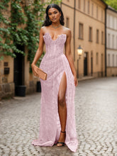 Red Strapless Beaded Fringe Waist Sequin Prom Dress with High Slit