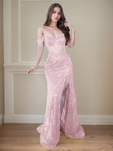 Red Off-the-Shoulder Beaded Tulle Long Prom Dress with Swirling Sequins