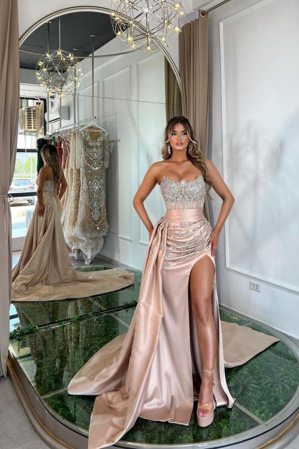 mermaid rose gold prom dresses Pink Strapless Satin Beading Long With Split – Anna PromDress sparkly rose gold prom dress