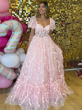 Pink 3D Floral Corset Prom Dress with Puffy Sleeves
