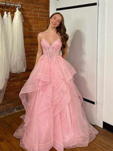 Pink A Line Tiered Tulle Long Prom Dress with Lace Appliqué