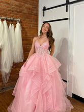 Pink A Line Tiered Tulle Long Prom Dress with Lace Appliqué