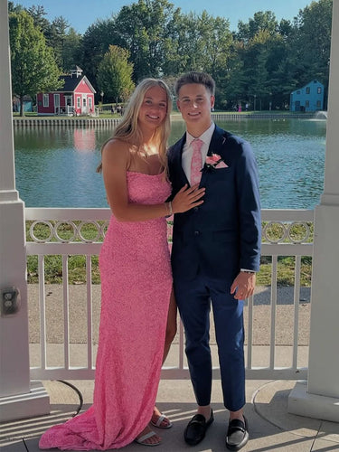 Pink All-over Sequin Sheath Long Prom Dress with Slit