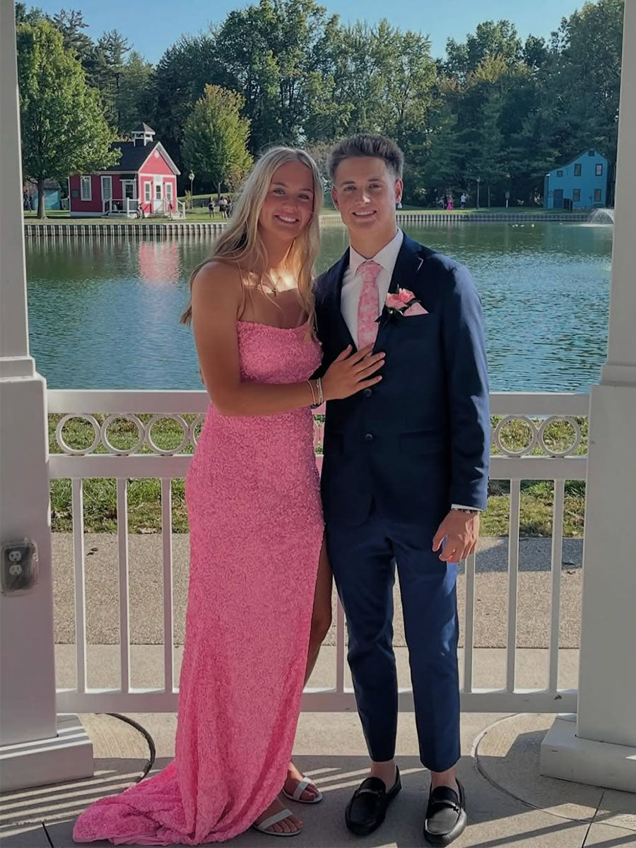 Pink All-over Sequin Sheath Long Prom Dress with Slit