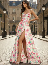 Pink Floral A Line Strapless Corset Prom Dress with Slit