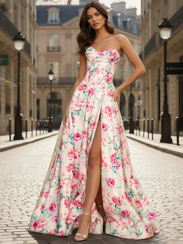 Pink Floral A Line Strapless Corset Prom Dress with Slit