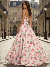 Pink Floral A Line Strapless Corset Prom Dress with Slit