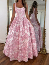 Pink Floral Brocade Pearl Long Corset Prom Dress