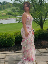 Pink Floral Embroidered Corset Prom Dress with Ruffled Tiers