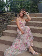 Pink Floral Embroidered Corset Prom Dress with Ruffled Tiers