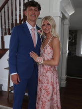 Pink Floral Halter Corset Ruffled Long Prom Dress with High Slit