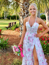Pink Floral Halter Corset Ruffled Long Prom Dress with Slit