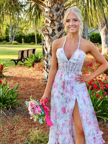 Pink Floral Halter Corset Ruffled Long Prom Dress with Slit