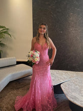 Pink Floral Lace Corset Bodice Mermaid Prom Dress with Plunging V-Neck