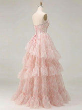 Pink Floral Print Organza Strapless Crystal Trimmed Corset Tiered Prom Dress