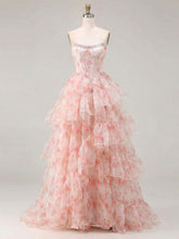 Pink Floral Print Organza Strapless Crystal Trimmed Corset Tiered Prom Dress