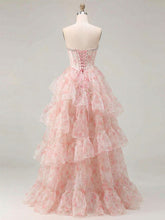 Pink Floral Print Organza Strapless Crystal Trimmed Corset Tiered Prom Dress