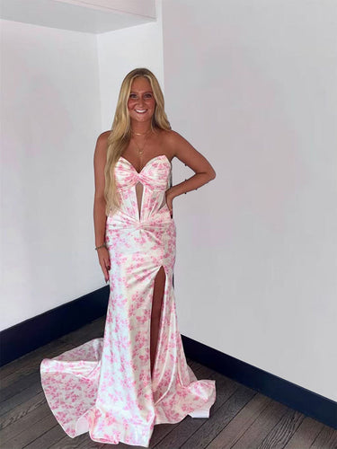 Pink Floral Print Satin Strapless Corset Prom Dress with High Slit
