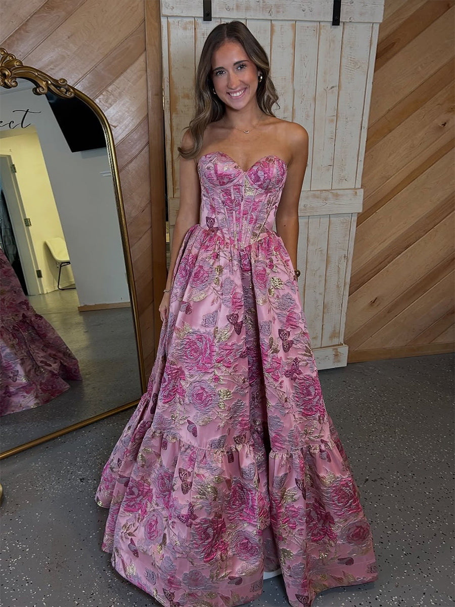 Pink Floral Strapless Jacquard Corset A-Line Prom Dress