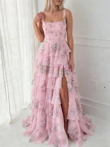 Pink Floral Tiered Ruffle Prom Dress with Pearl Straps