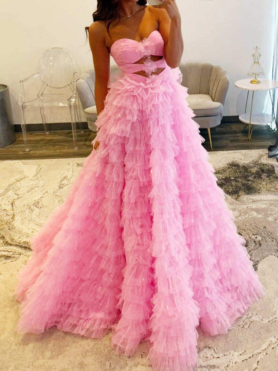 Pink Glitter Tulle Ruffled Prom Dress with Cutout Details