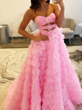 Pink Glitter Tulle Ruffled Prom Dress with Cutout Details