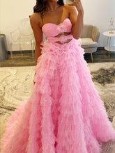 Pink Glitter Tulle Ruffled Prom Dress with Cutout Details