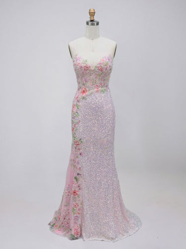 Pink Iridescent Sequin Mermaid Prom Dress with Asymmetrical Floral Embroidery