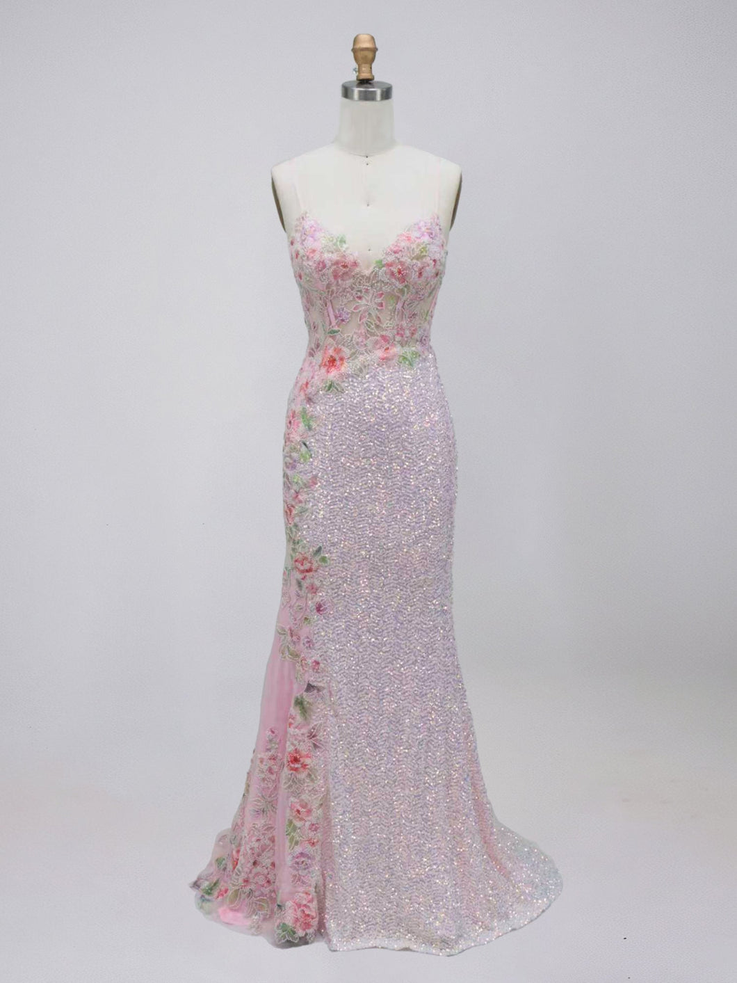 Pink Iridescent Sequin Mermaid Prom Dress with Asymmetrical Floral Embroidery