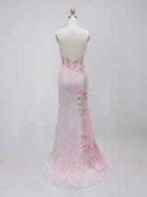 Pink Iridescent Sequin Mermaid Prom Dress with Asymmetrical Floral Embroidery