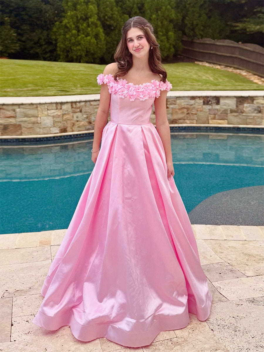 Pink Satin Off-the-Shoulder Prom Dress with 3D Floral Appliqué Neckline