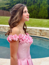 Pink Satin Off-the-Shoulder Prom Dress with 3D Floral Appliqué Neckline