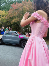 Pink Satin Off-the-Shoulder Prom Dress with 3D Floral Appliqué Neckline