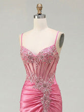 Pink Satin Spaghetti Strap Beaded Sheer Corset Prom Dress with Ruched Slit