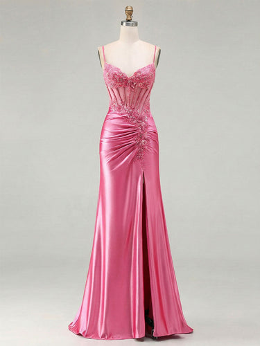Pink Satin Spaghetti Strap Beaded Sheer Corset Prom Dress with Ruched Slit